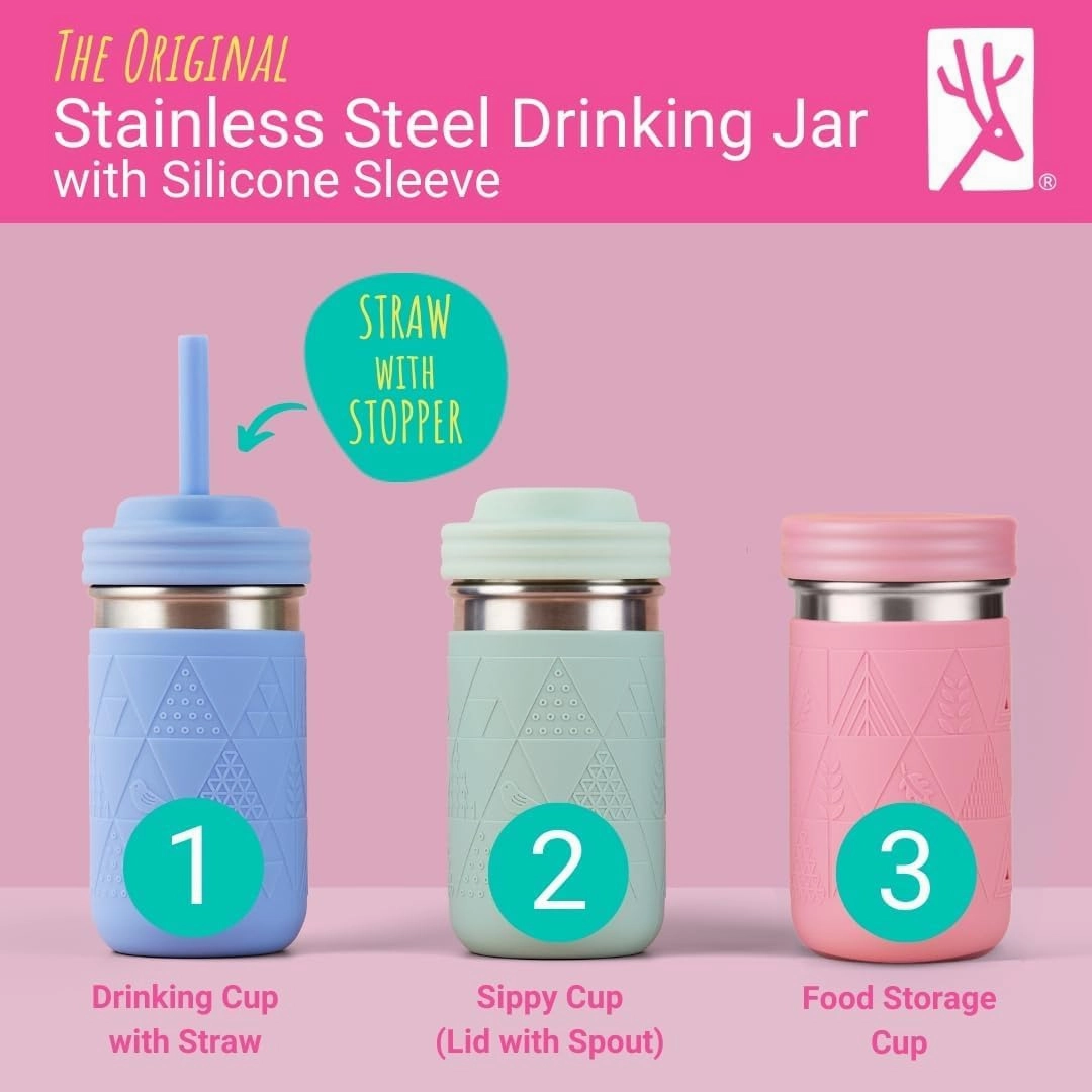 Elk and Friends Stainless Steel Cups |14 oz Mason Jar design | Kids & Toddler Cups with Silicone Sleeves & Straws with Stopper | Smoothie Cups | Dishwasher Safe
