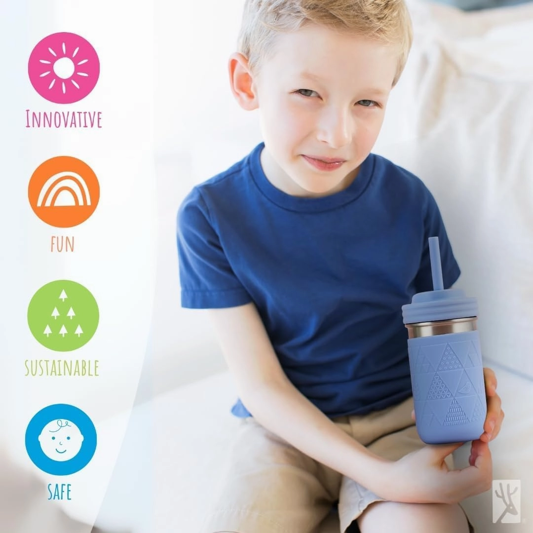 Elk and Friends Stainless Steel Cups |14 oz Mason Jar design | Kids & Toddler Cups with Silicone Sleeves & Straws with Stopper | Smoothie Cups | Dishwasher Safe