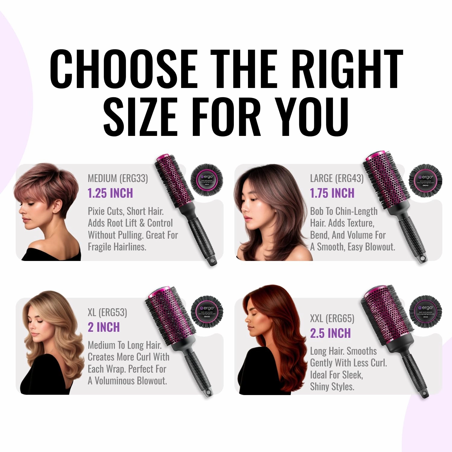Ergo Super Gentle Round Brush for Blow Out - Salon Quality Hair Styling for Women - Roller for Wet and Dry Hair - Volumizing Care Blowout - ERG33:1.25"