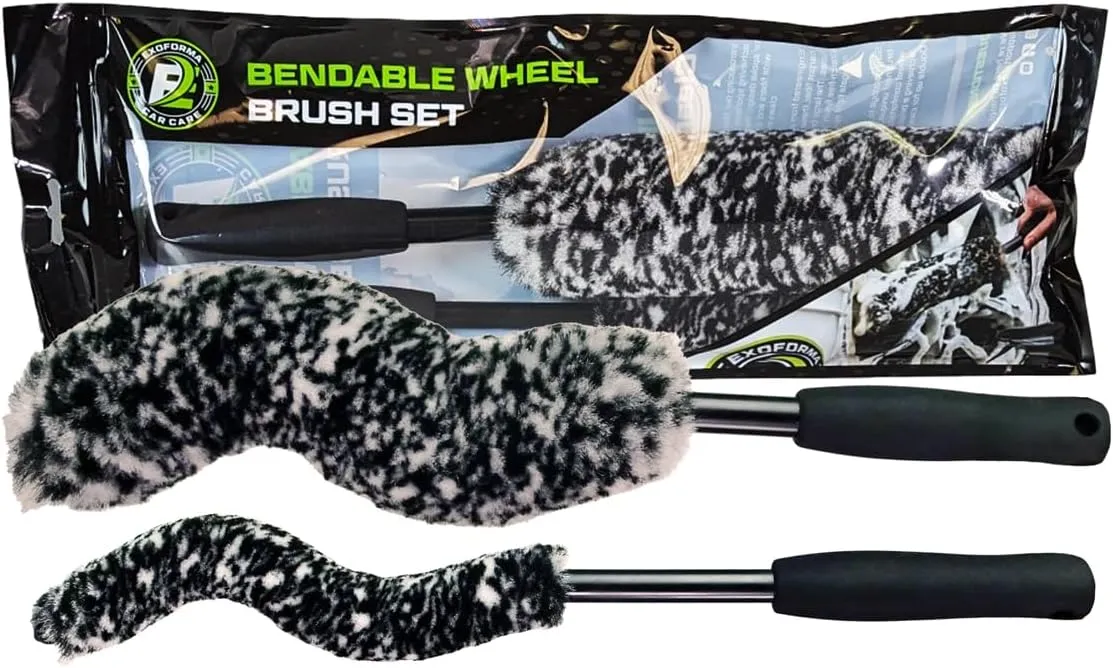 ExoForma Bendable Brush Set - Unique Adjustable 2-Piece Wheel Brush Set Cleans Behind Wheels - Tough Yet Gentle Wool Fiber   No-Scratch Rubber Tip Safe for All Wheel Types - Comfy Ergonomic Grip