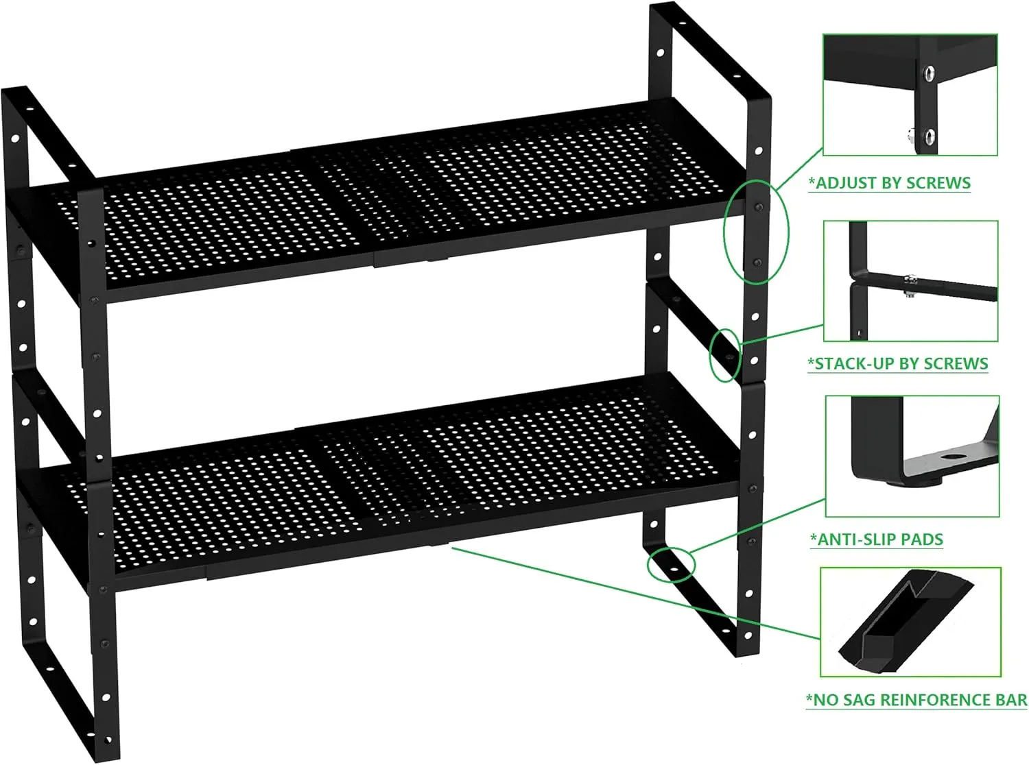 Expandable Spice Rack, Stackable Metal Pantry Storage Shelves Stand, Adjustable Height Cabinet Shelf Organizer Racks(1PACK/Black,Medium)