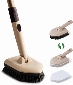 Eyliden 2-in-1 Floor & Tub Scrubber Brush - 1 Stiff Bristles Brushes & 2 Non-Scratch Pads, 180°Swivel Head, Adjustable Handle - Deep Cleaning Tub, Bathroom, Tile, Shower, Sink