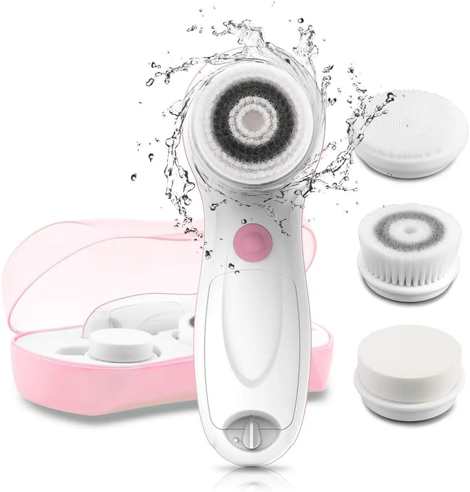Facial Cleansing Brush Electric Facial Exfoliating Massage Brush with 3 Cleanser Heads and 2 Speeds Adjustable for Deep Cleaning, Removing Blackhead, Face Massaging TB-0759A Pink