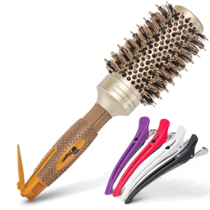 Fagaci Professional Round Brush with Natural Boar Bristle for Blow Drying, Nano Technology Ceramic   Ionic for Voluminous Healthy Hair Styling | Includes 4 Styling Clips