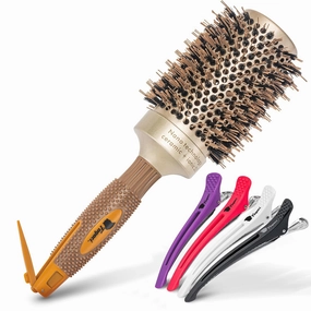 Fagaci Professional Large Round Brush with Natural Boar Bristles for Blow Drying, Nano Technology Ceramic Ionic for Hair Styling, Volumizing and Healthy Hair - 4 Styling Clips Included