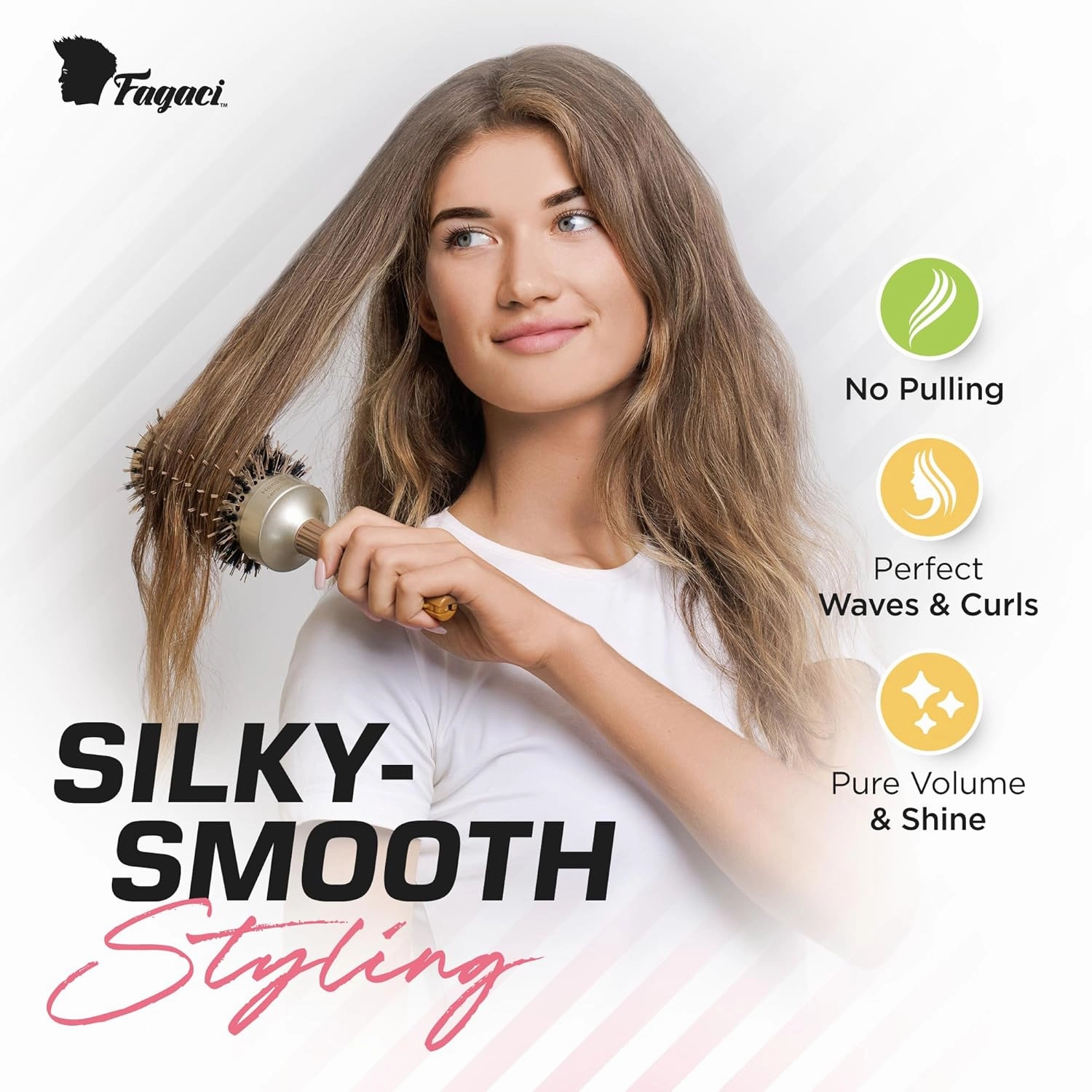 Fagaci Professional Large Round Brush with Natural Boar Bristles for Blow Drying, Nano Technology Ceramic Ionic for Hair Styling, Volumizing and Healthy Hair - 4 Styling Clips Included