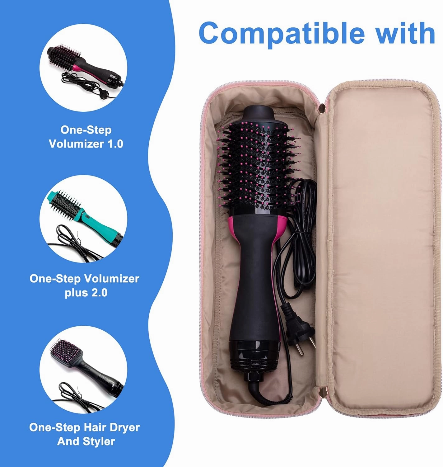 Fasrom Double Layer Travel Case Compatible with REVLON One Step Blow Hair Dryer Brush Volumizer Original 1.0, Plus 2.0 and Styler, Pink (Bag Only, Patent Design)
