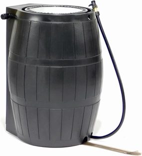 FCMP Outdoor Raincatcher 4000, Flat-Back Rain Water Barrel, 50-Gallon, Black - Rainwater Collection Storage Container w Side Spigots, Mesh Screen, Garden and Overflow Hose & Linking Kit