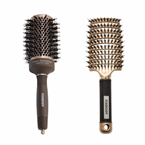 FIXBODY Round Hair Brush with Boar Bristles, Nano Thermal Ceramic and Ionic Tech for Blow Drying | FIXBODY Curved Hair Brush
