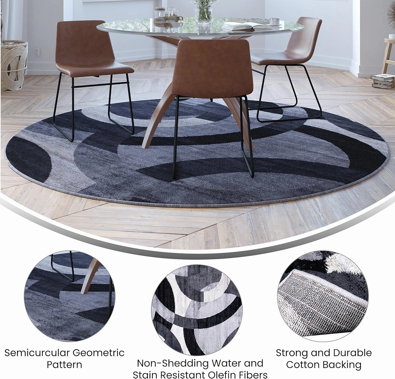 Flash Furniture Harken Collection 8' x 8' Round Geometric Area Rug - Black and Gray Olefin Facing - Jute Backing - Living Room or Bedroom