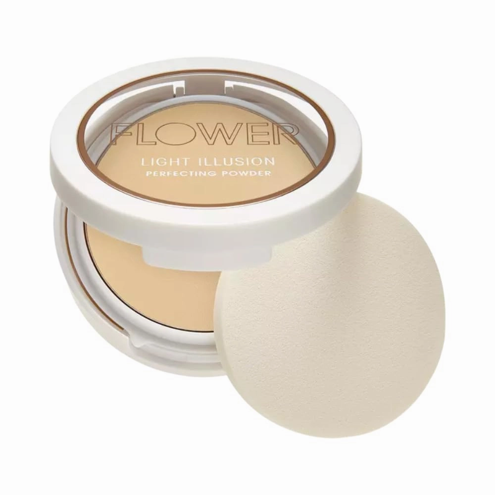 FLOWER BEAUTY Light Illusion Perfecting Powder Pressed Powder Face Makeup Buildable Medium Coverage with Blurring Pigments Includes Mirror Sponge, Tawny, 0.28 Ounce