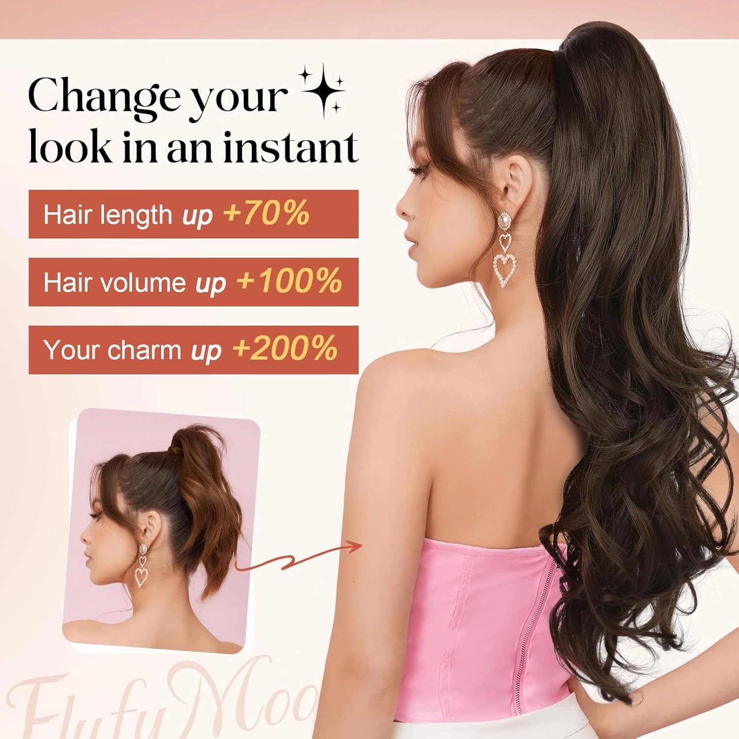 Flufymooz 26" Ponytail Extension, Long Wavy Curly Claw Clip in Ponytail Hair Extensions, Natural Synthetic Hairpiece for Women Daily Wear(Medium Brown with Medium Auburn)