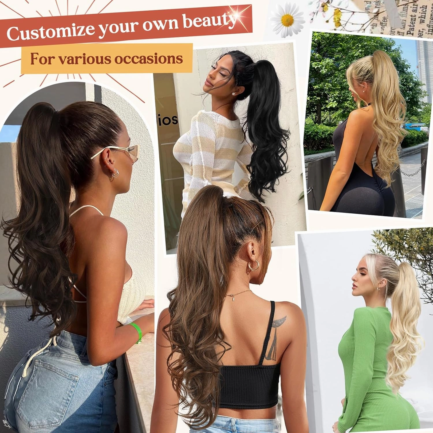 Flufymooz 26" Ponytail Extension, Long Wavy Curly Claw Clip in Ponytail Hair Extensions, Natural Synthetic Hairpiece for Women Daily Wear(Medium Brown with Medium Auburn)