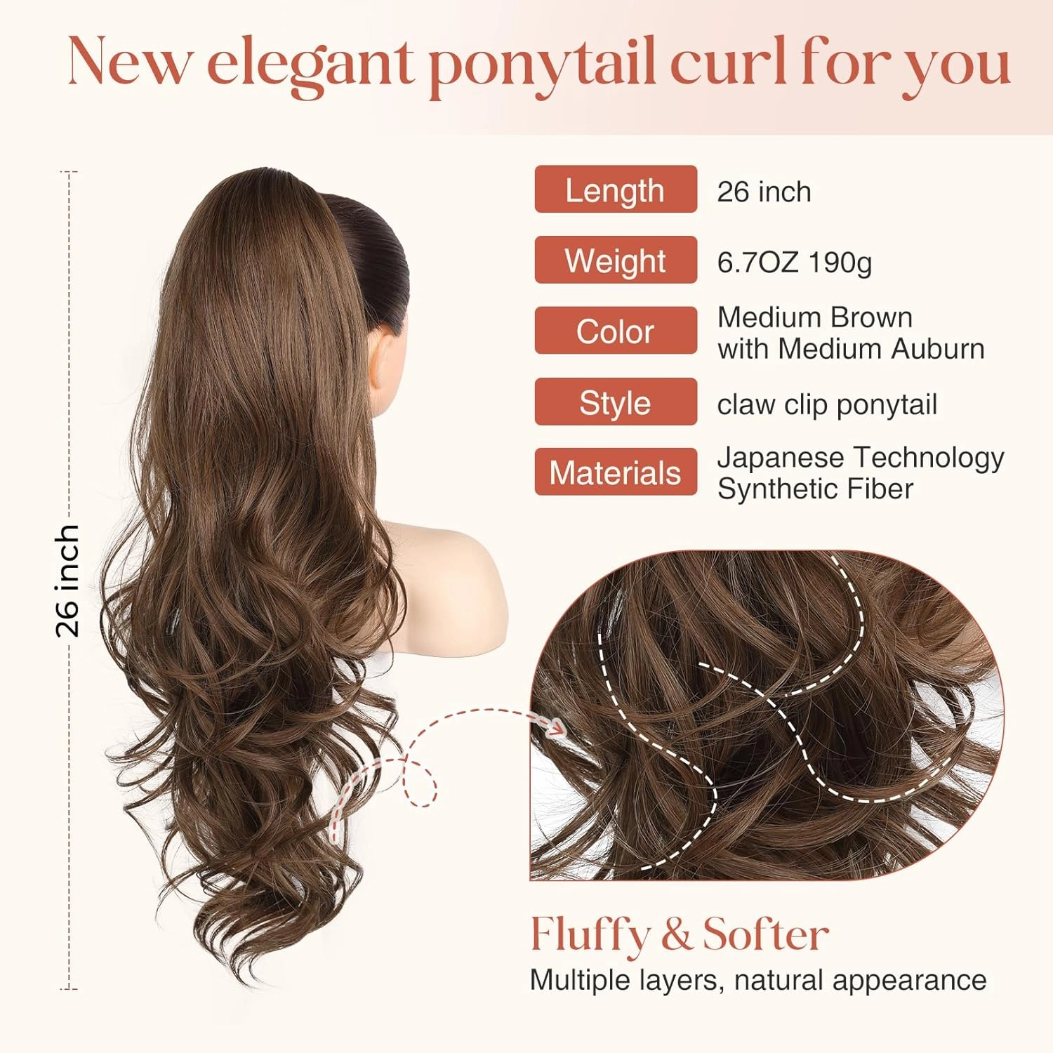 Flufymooz 26" Ponytail Extension, Long Wavy Curly Claw Clip in Ponytail Hair Extensions, Natural Synthetic Hairpiece for Women Daily Wear(Medium Brown with Medium Auburn)