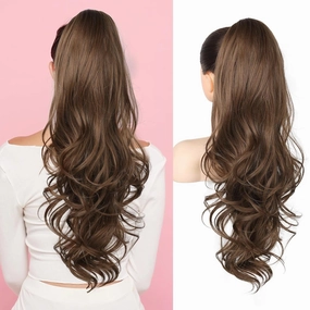 Flufymooz 26" Ponytail Extension, Long Wavy Curly Claw Clip in Ponytail Hair Extensions, Natural Synthetic Hairpiece for Women Daily Wear(Medium Brown with Medium Auburn)