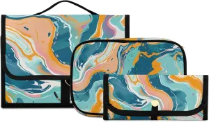Foldable Hanging Travel Toiletry Organizer Set 3-Piece with Cosmetic Bag & Brush Holder - Marble (8)