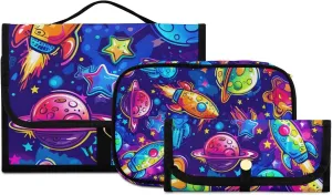 Foldable Hanging Travel Toiletry Organizer Set 3-Piece with Cosmetic Bag & Brush Holder - Universe Starry Sky Rocket (8)