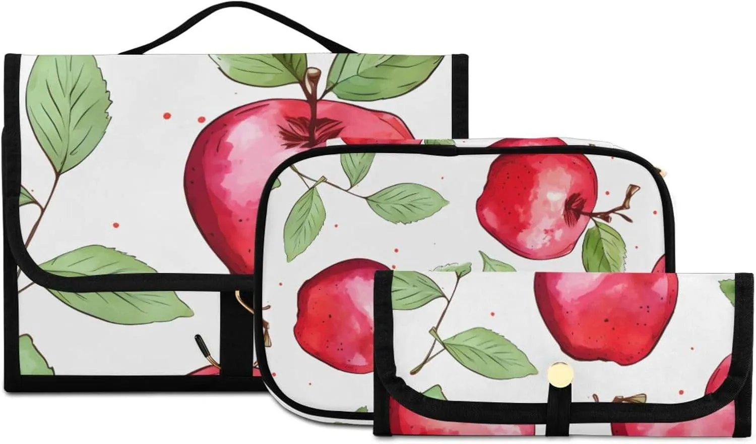 Foldable Hanging Travel Toiletry Organizer Set 3-Piece with Cosmetic Bag & Brush Holder - Watercolor Apple (8)