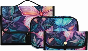 Foldable Hanging Travel Toiletry Organizer Set 3-Piece with Cosmetic Bag & Brush Holder - Butterfly (1)