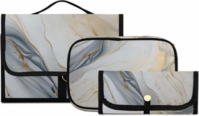 Foldable Hanging Travel Toiletry Organizer Set 3-Piece with Cosmetic Bag & Brush Holder - Marble Gold White