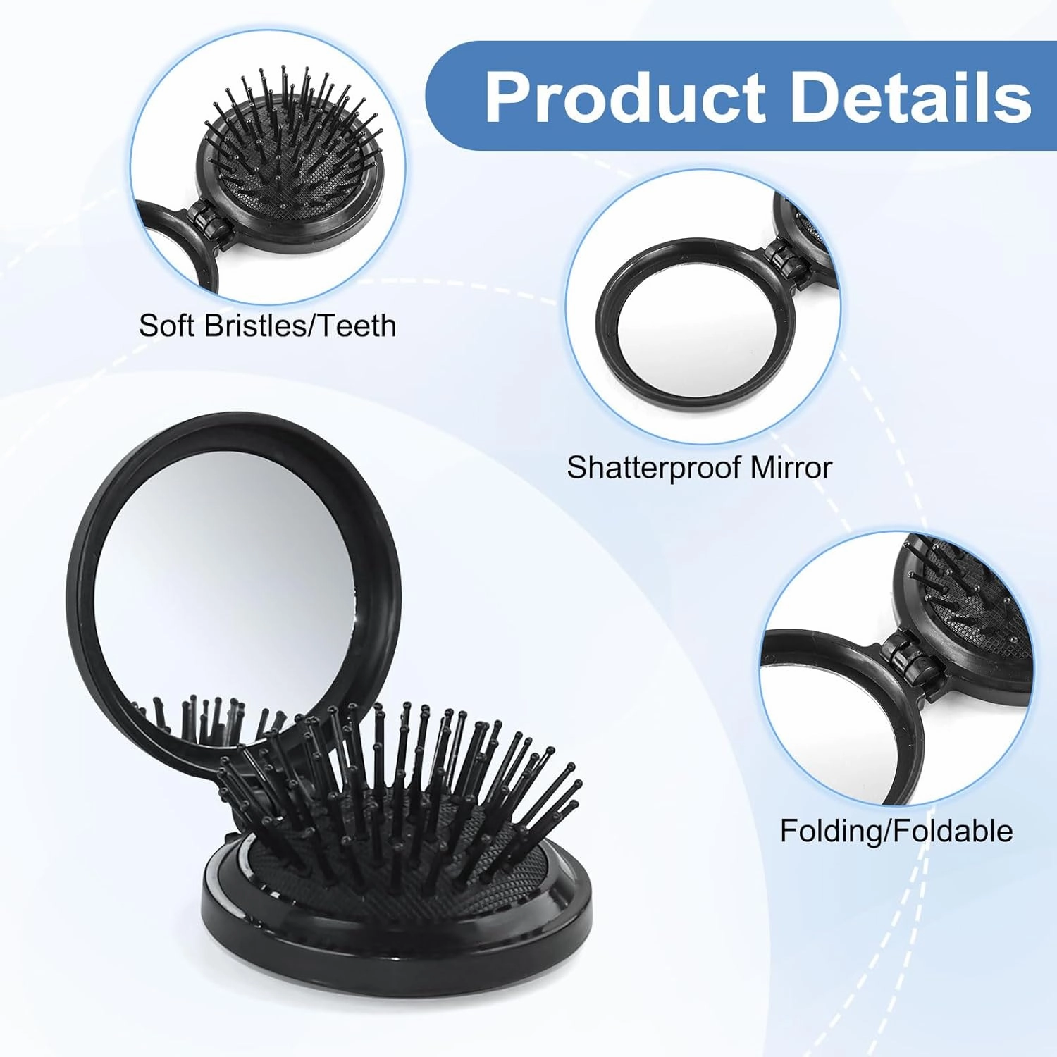 Foldable Travel Hair Brush with Mirror - 30 Pack Portable Round Pocket Comb, Compact Folding Design & Massage Bristles for Men Women (Black)