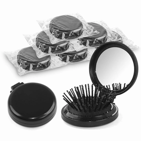 Foldable Travel Hair Brush with Mirror - 30 Pack Portable Round Pocket Comb, Compact Folding Design & Massage Bristles for Men Women (Black)