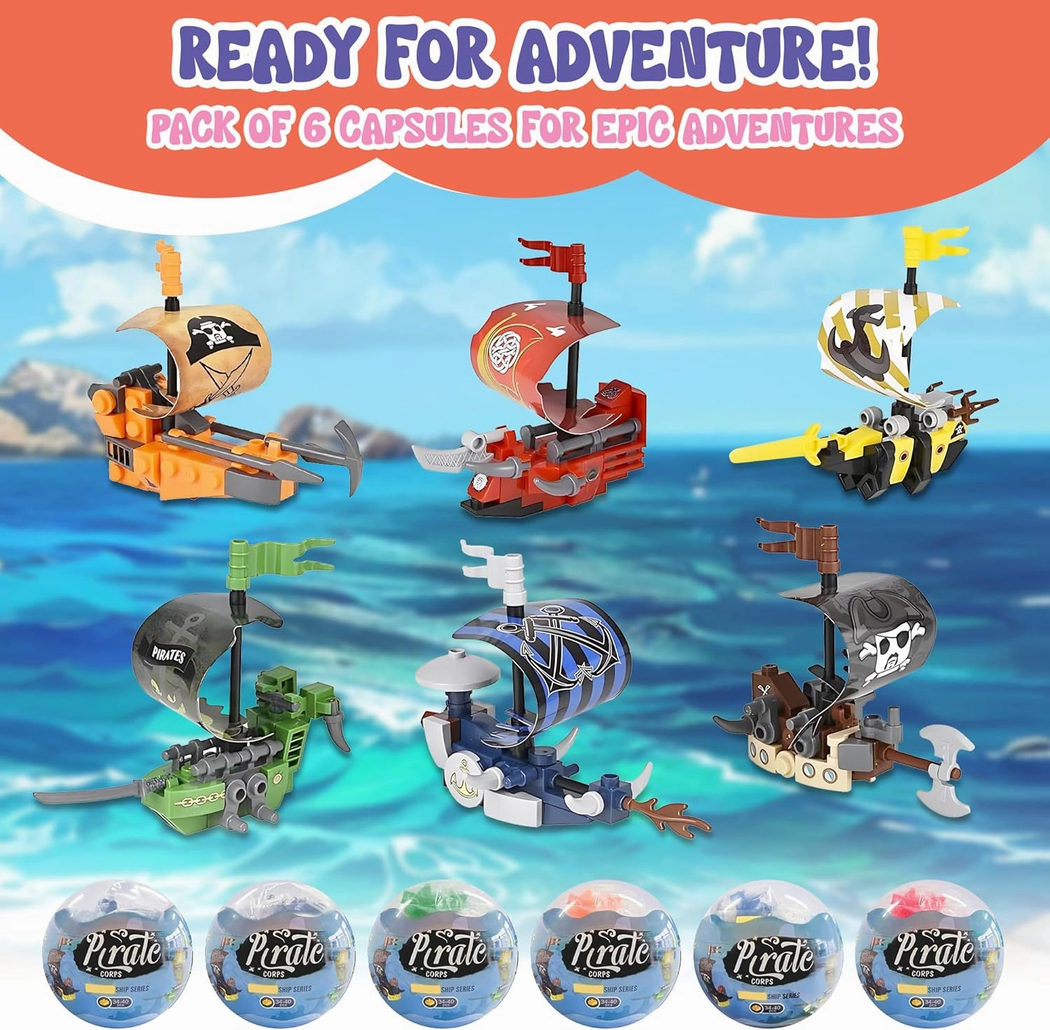 Forest & Twelfth Building Block Pirate Ship Toy Set Toy Building Sets for Boys and Girls, Fun Build a Boat Set to Promote Creative Thinking, Great as Pirate Party Favors, Birthday Gifts (Set of 6)