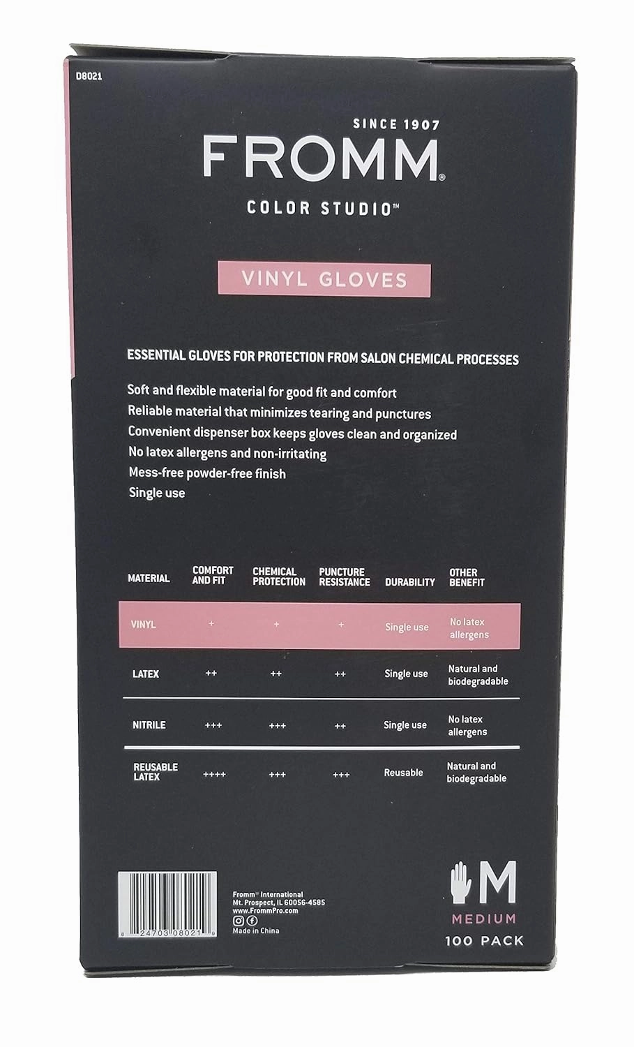 Fromm Color Studio Clear Vinyl Disposable Gloves, Medium, Non-Latex Powder-Free Gloves for Salon and Household Cleaning, Tear-Resistant and Comfortable Fit (100 Gloves per Box)