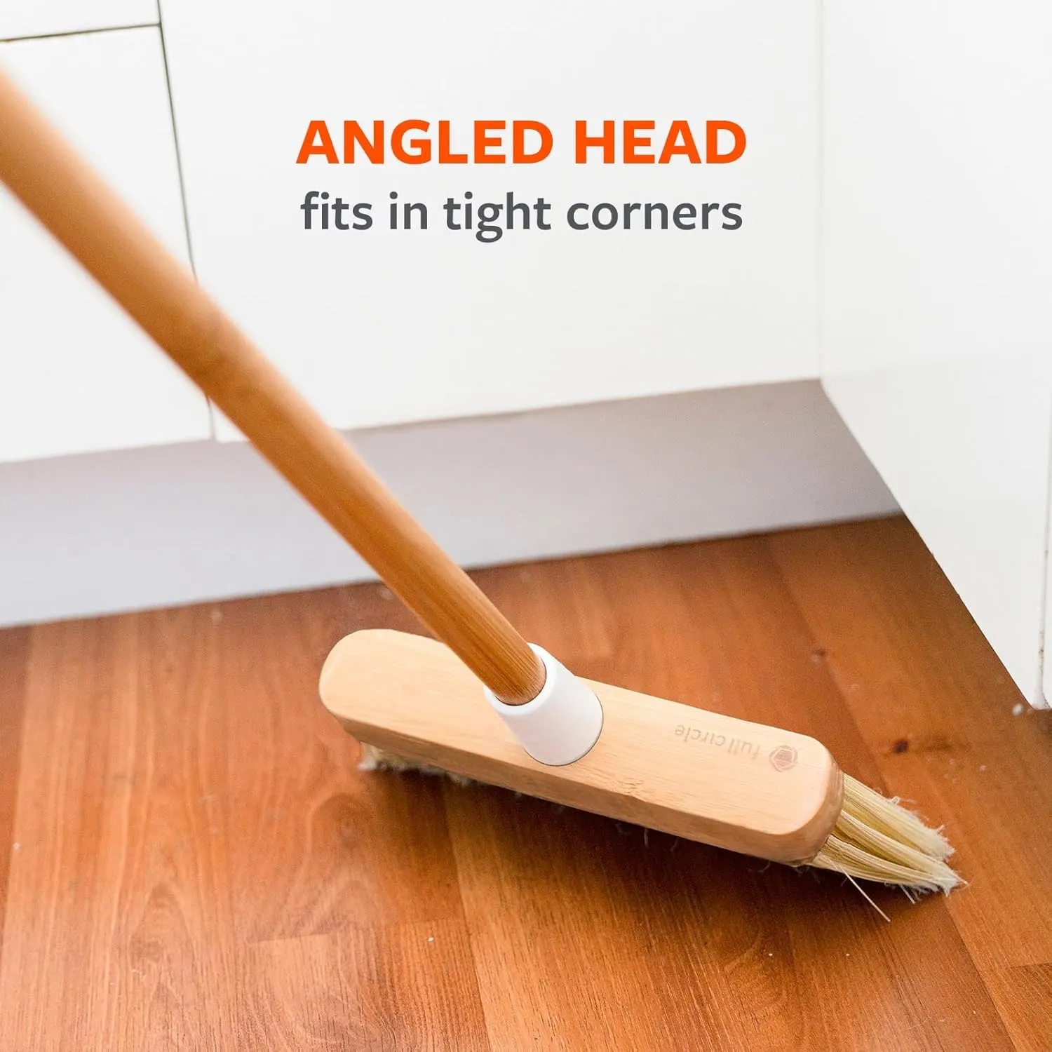 Full Circle Clean Sweep -Bamboo Broom -Angled for Precision in Tight Spaces, with Stiff Flagged Bristles for Indoor & Outdoor Cleaning -Ideal for Pet Hair, Kitchen, Hardwood, & Garage, White
