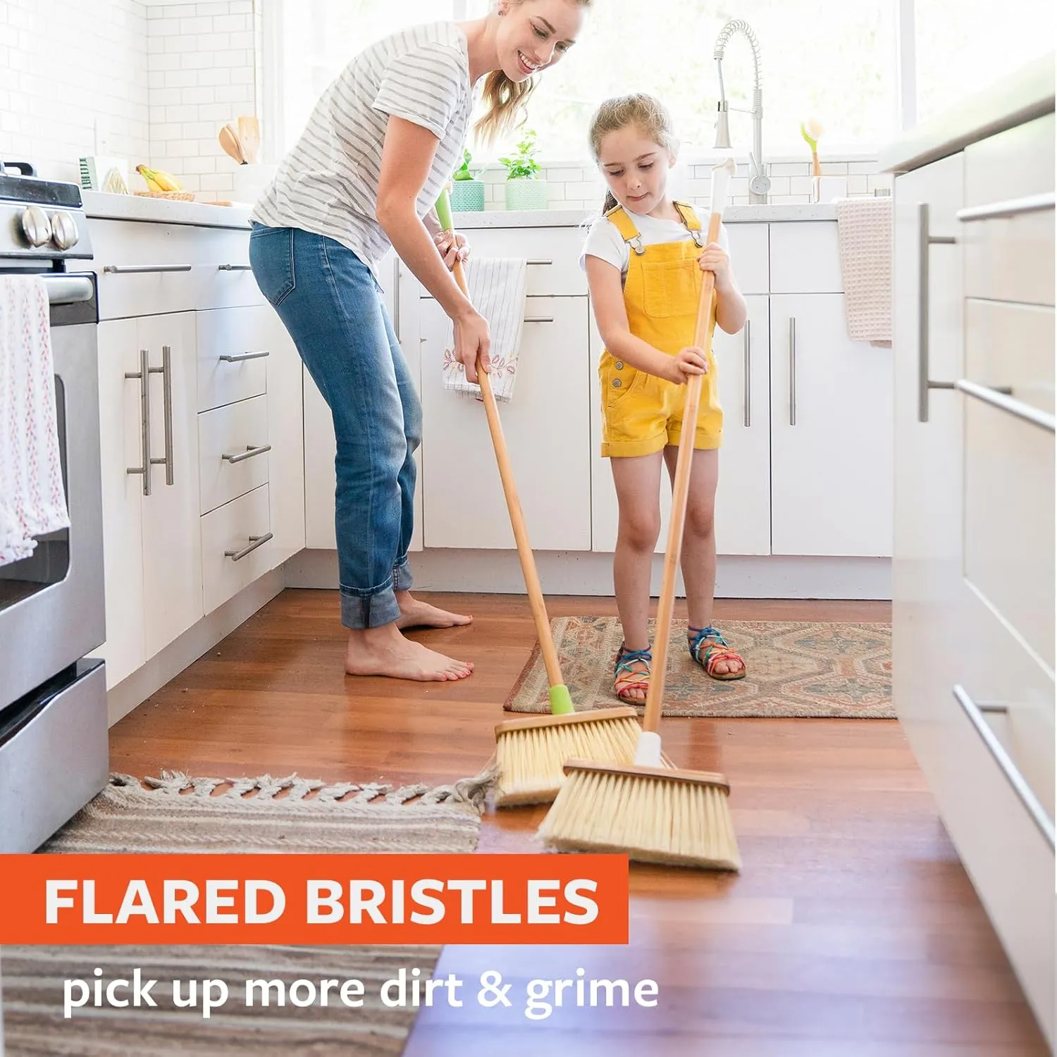 Full Circle Clean Sweep -Bamboo Broom -Angled for Precision in Tight Spaces, with Stiff Flagged Bristles for Indoor & Outdoor Cleaning -Ideal for Pet Hair, Kitchen, Hardwood, & Garage, White