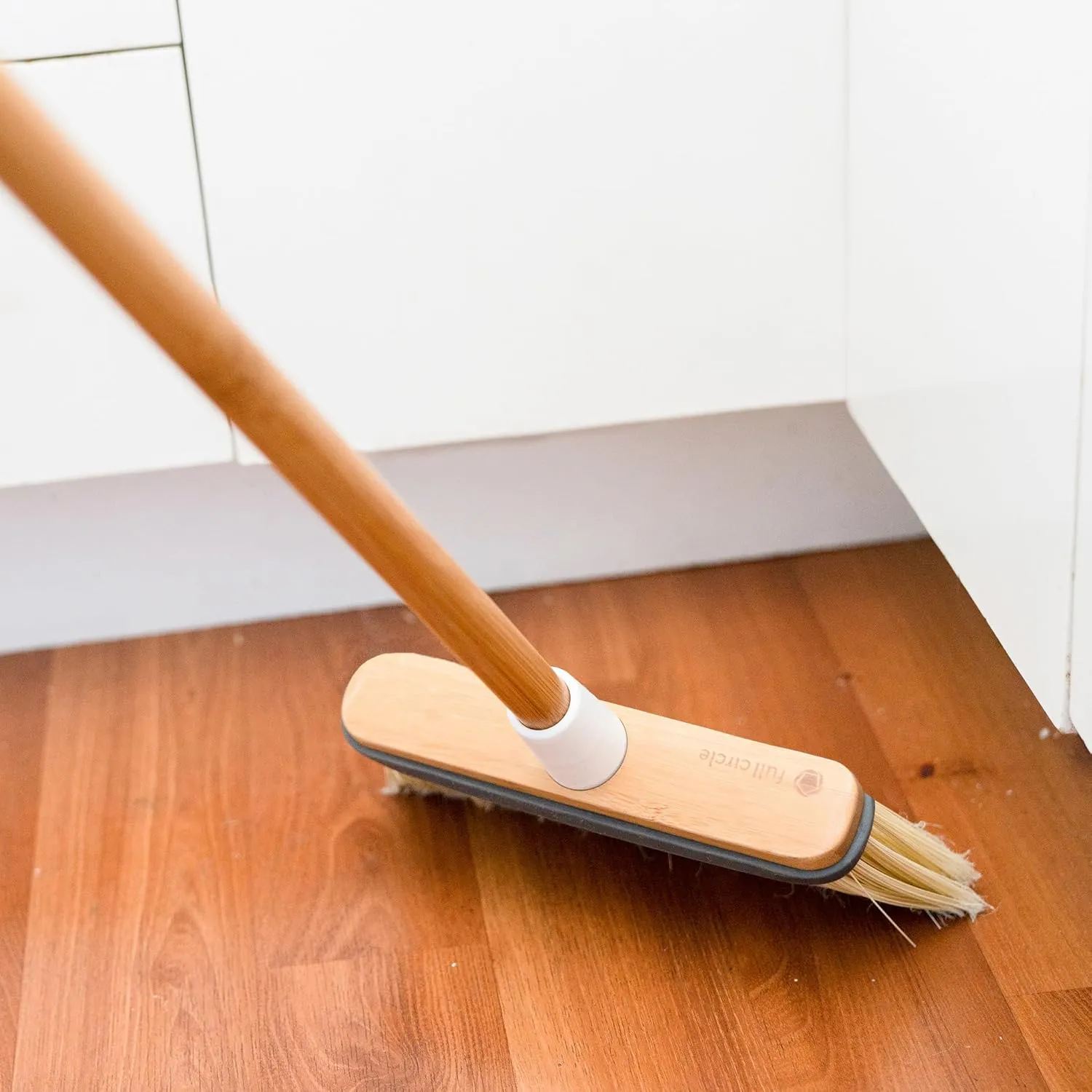 Full Circle Clean Sweep -Bamboo Broom -Angled for Precision in Tight Spaces, with Stiff Flagged Bristles for Indoor & Outdoor Cleaning -Ideal for Pet Hair, Kitchen, Hardwood, & Garage, White