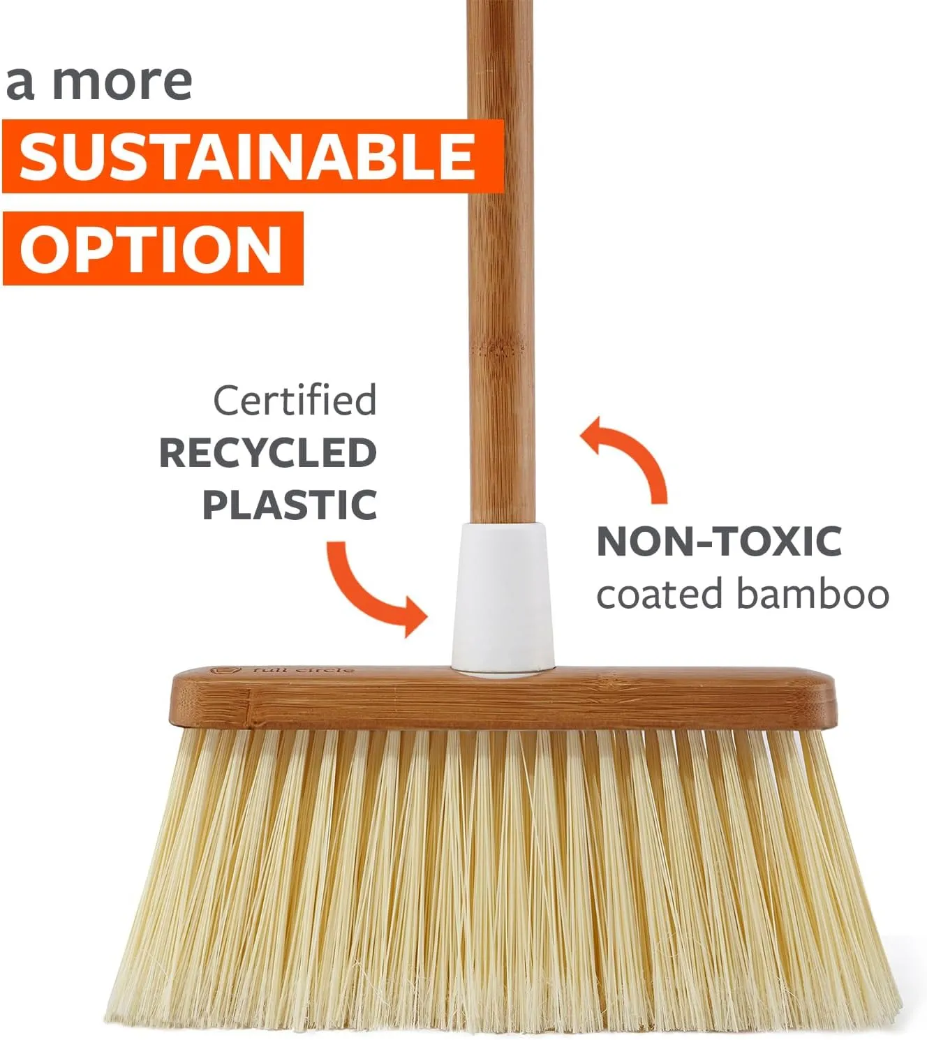 Full Circle Clean Sweep -Bamboo Broom -Angled for Precision in Tight Spaces, with Stiff Flagged Bristles for Indoor & Outdoor Cleaning -Ideal for Pet Hair, Kitchen, Hardwood, & Garage, White