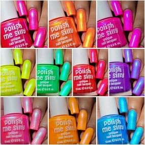 Full 10 Set NEON Glow Pop Collection PT 7" Oil Slick Mylar Color Shifting Multi-chrome Glow Pop Nail Polish Collection