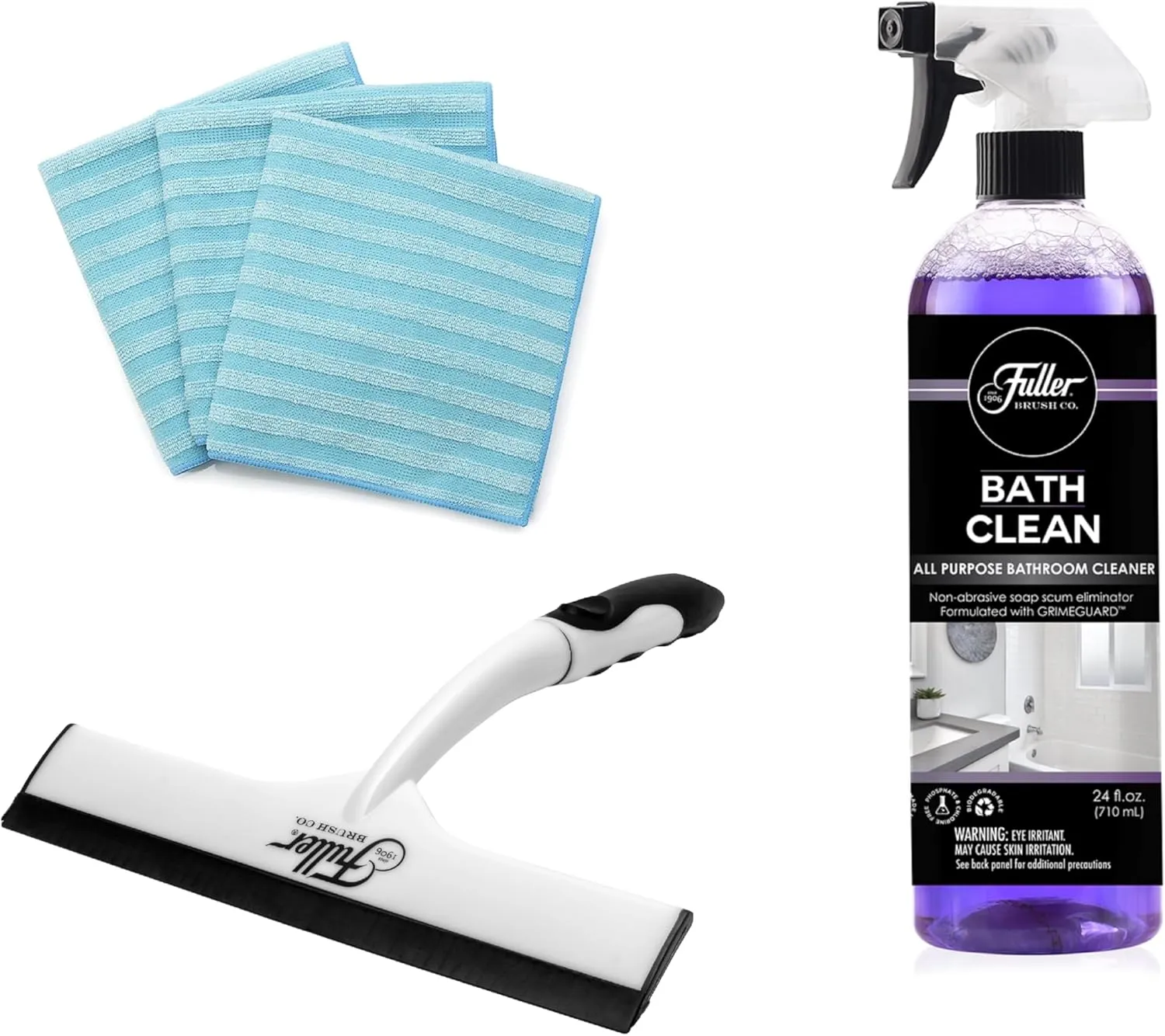 Fuller Brush Bathroom & Shower Cleaning Kit - Bath Clean   Microfiber Cloths   Squeegee