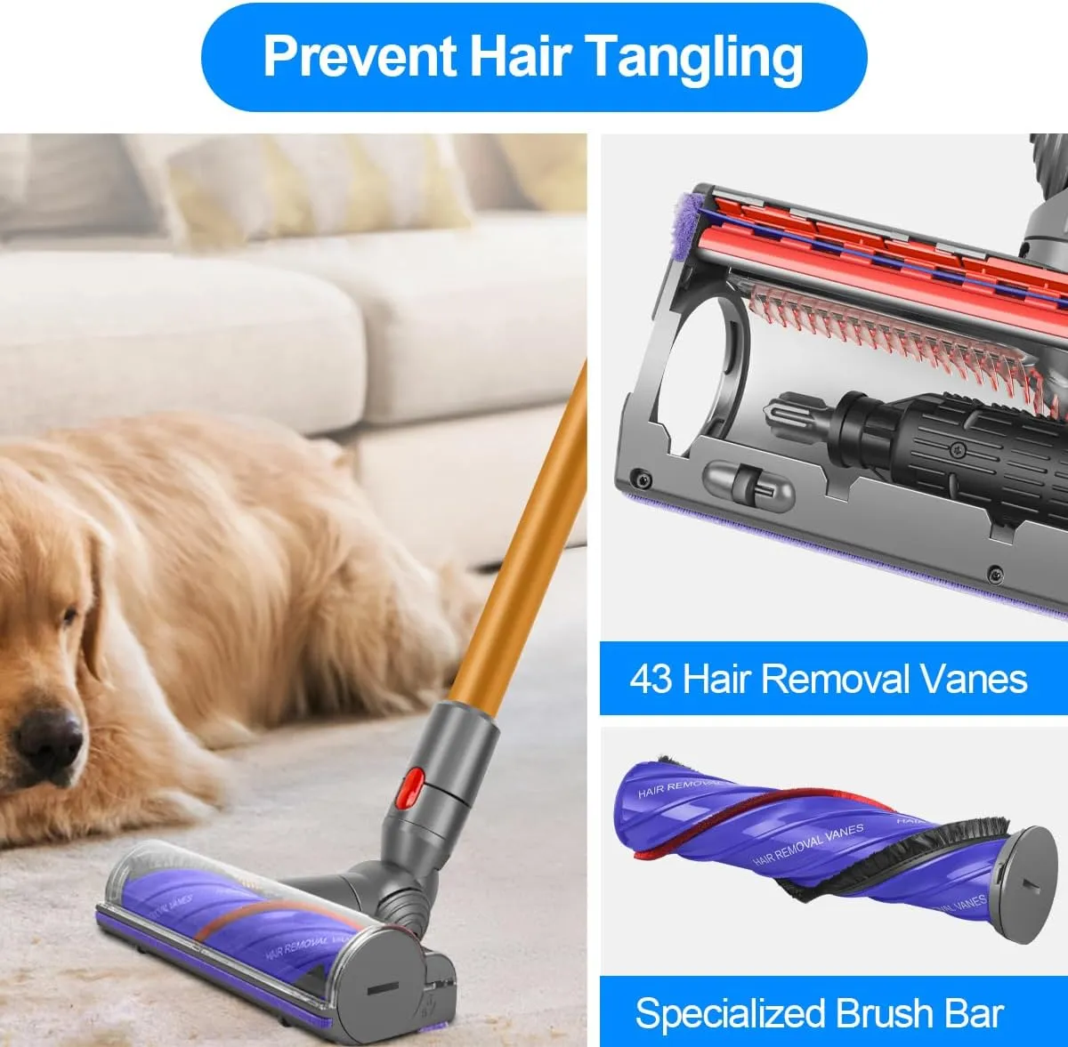 FUNTECK Anti Tangle Motorized Cleaner Head for Dyson V8 V10 V11 V15 Cordless Vacuums, Direct Drive Vacuum Head Ideal for Carpets and Hardwood Floor