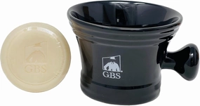 G.B.S Heavy Duty Black Ceramic Shaving Bowl, Mug with Natural Shave Soap – for use with up to 3” Shaving Soaps and Lathering Shave Cream Cup – Pommel Handle (Black)
