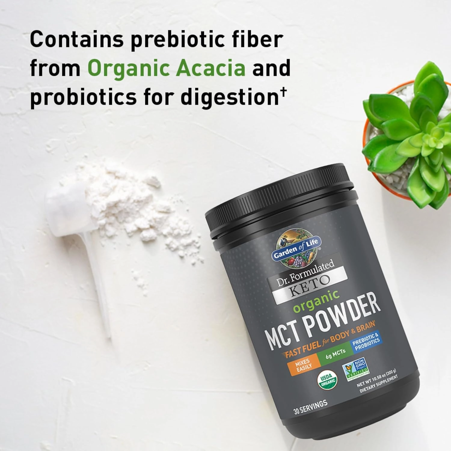 Garden of Life Dr. Formulated Keto Organic MCT Powder - 30 Servings, 6g MCTs from Coconuts Plus Prebiotic Fiber & Probiotics, Certified Organic, Non-GMO, Vegan, Gluten Free, Ketogenic