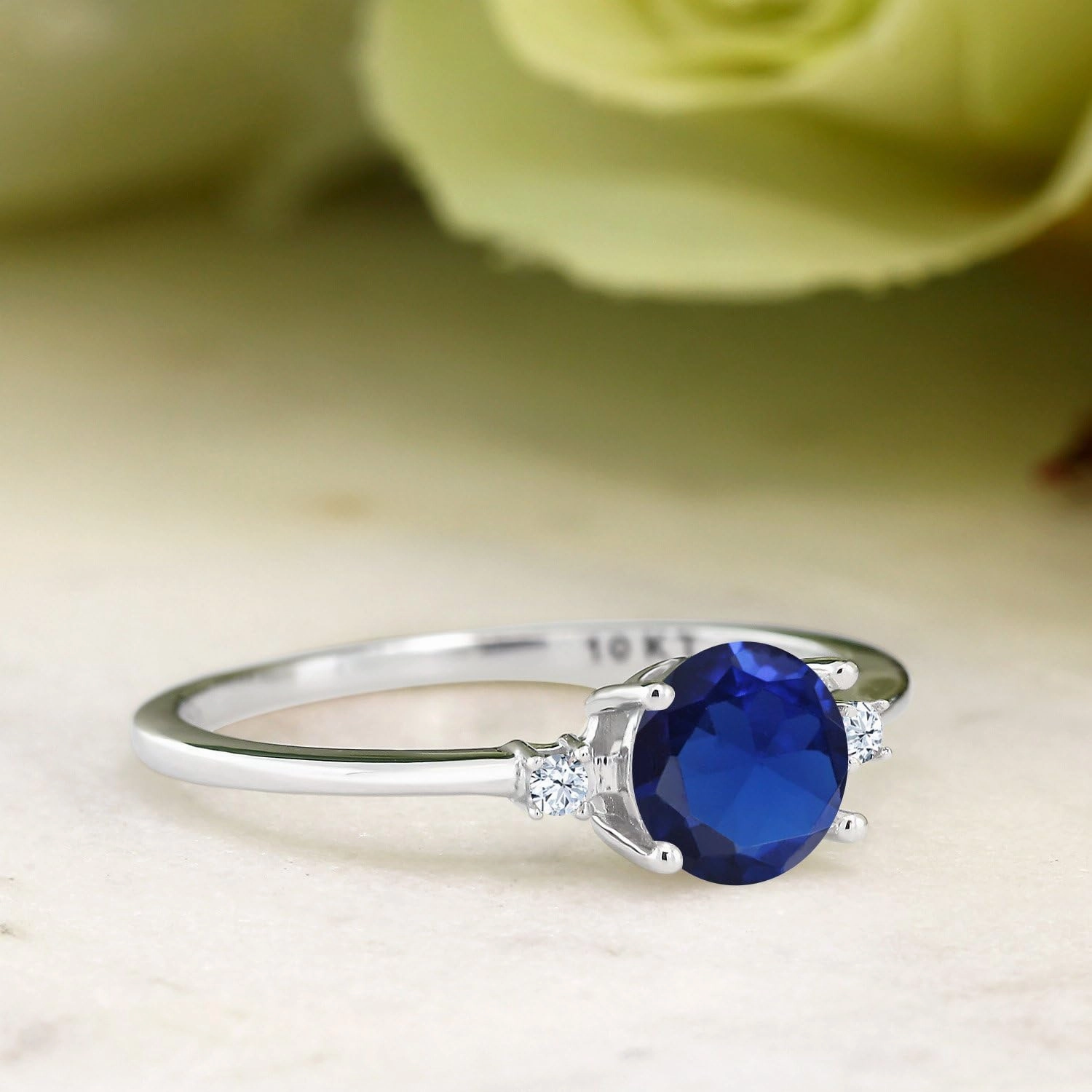 Gem Stone King 10K White Gold Blue Created Sapphire and White Created Sapphire Solitaire Engagement Ring For Women (0.78 Cttw, Round 6MM, Gemstone September Birthstone, Available in Size 5,6,7,8,9)