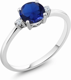 Gem Stone King 10K White Gold Blue Created Sapphire and White Created Sapphire Solitaire Engagement Ring For Women (0.78 Cttw, Round 6MM, Gemstone September Birthstone, Available in Size 5,6,7,8,9)