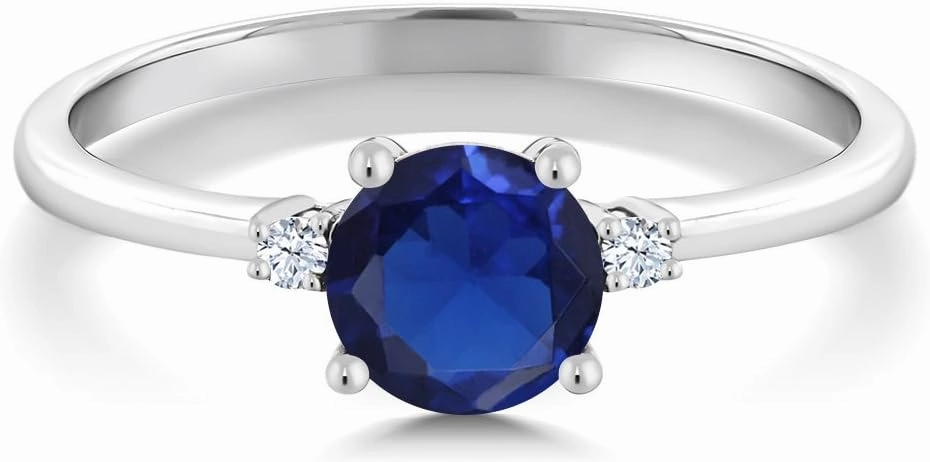 Gem Stone King 10K White Gold Blue Created Sapphire and White Created Sapphire Solitaire Engagement Ring For Women (0.78 Cttw, Round 6MM, Gemstone September Birthstone, Available in Size 5,6,7,8,9)