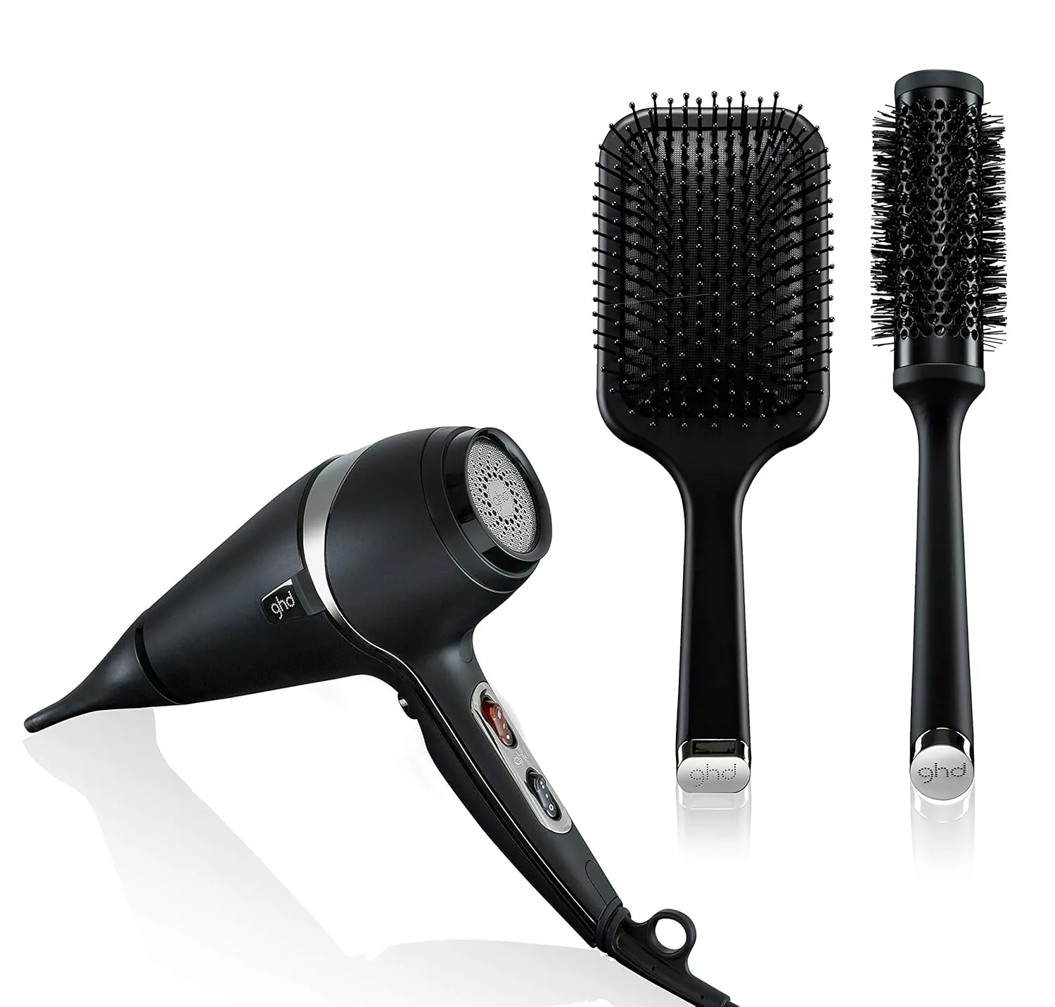ghd Air Professional Blowout Trio — 1600w Hair Dryer (Black), The All-Rounder Paddle Hair Brush (Black), and The Blow Dryer Ceramic Vented Round Brush - 1.3 inch Barrel, 35mm Barrel, Size 2 (Black)