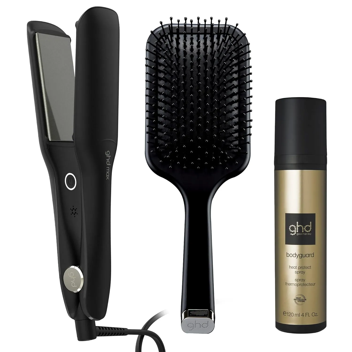 ghd Max Styler Essentials Trio ― Max 2" Wide Plates Flat Iron Hair Straightener (Black), Bodyguard Heat Protect Spray (4 fl. oz.), and Paddle Detangling Hair Brush for Thick Hair (Black)