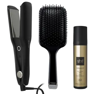 ghd Max Styler Essentials Trio ― Max 2" Wide Plates Flat Iron Hair Straightener (Black), Bodyguard Heat Protect Spray (4 fl. oz.), and Paddle Detangling Hair Brush for Thick Hair (Black)