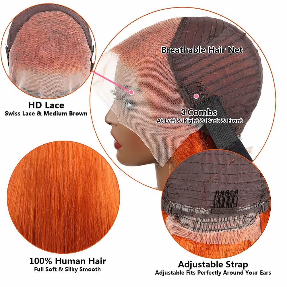 Ginger Bob Lace Front Wigs Human Hair 13x4 HD Lace Front Wigs 150% Density Colored Straight Short Bob Wig Ginger Orange Bob Lace Front Human Hair Wigs Pre Plucked Natural Hairline With Baby Hair14inch