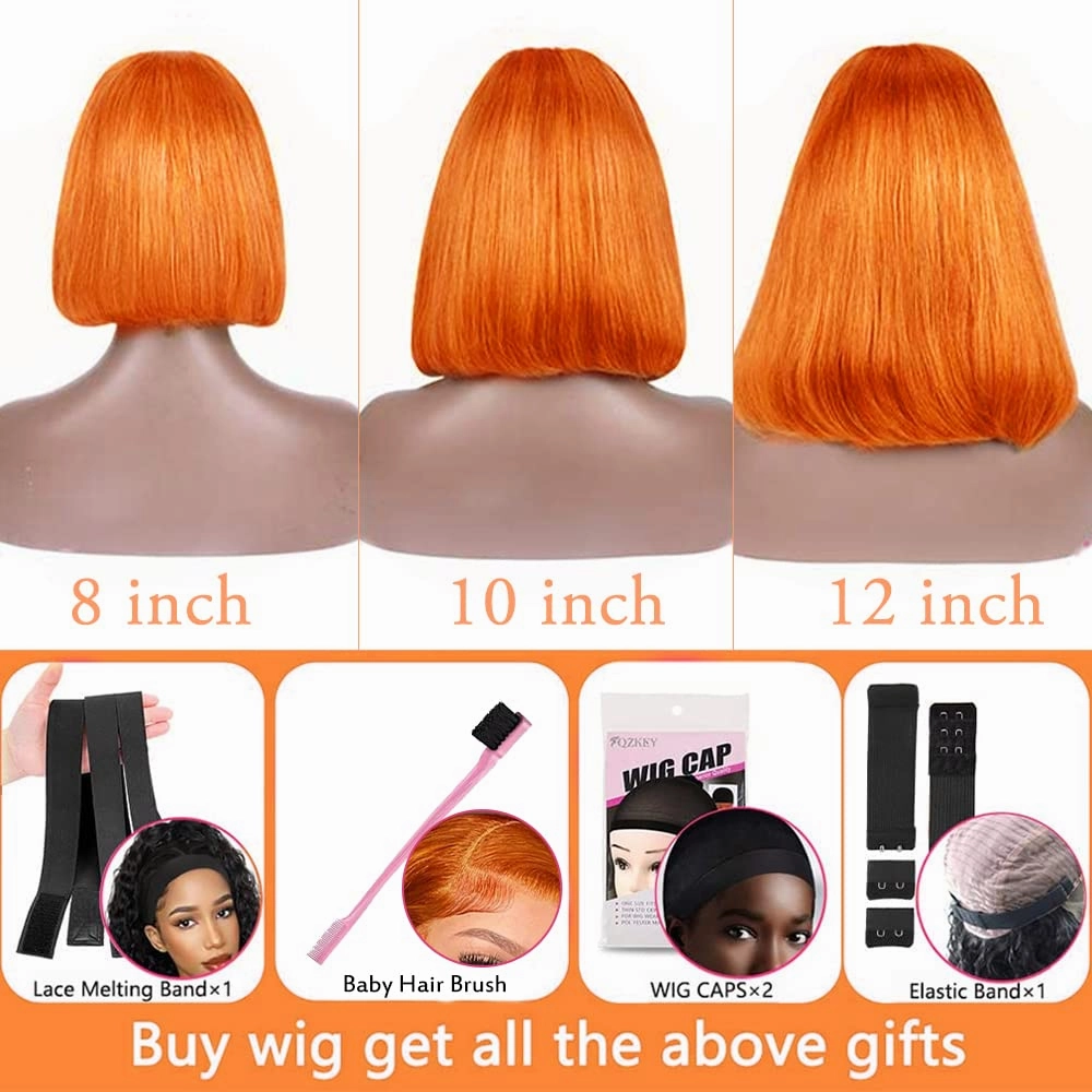 Ginger Bob Lace Front Wigs Human Hair 13x4 HD Lace Front Wigs 150% Density Colored Straight Short Bob Wig Ginger Orange Bob Lace Front Human Hair Wigs Pre Plucked Natural Hairline With Baby Hair14inch