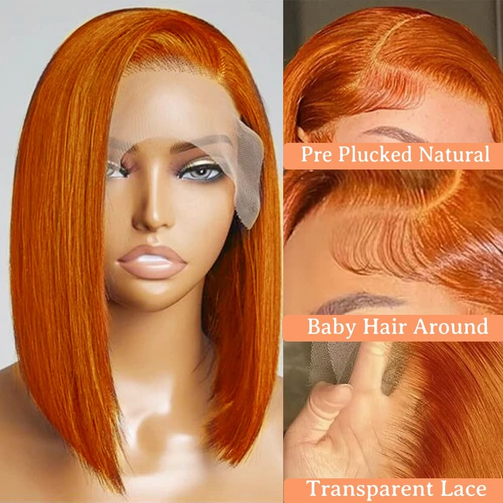 Ginger Bob Lace Front Wigs Human Hair 13x4 HD Lace Front Wigs 150% Density Colored Straight Short Bob Wig Ginger Orange Bob Lace Front Human Hair Wigs Pre Plucked Natural Hairline With Baby Hair14inch