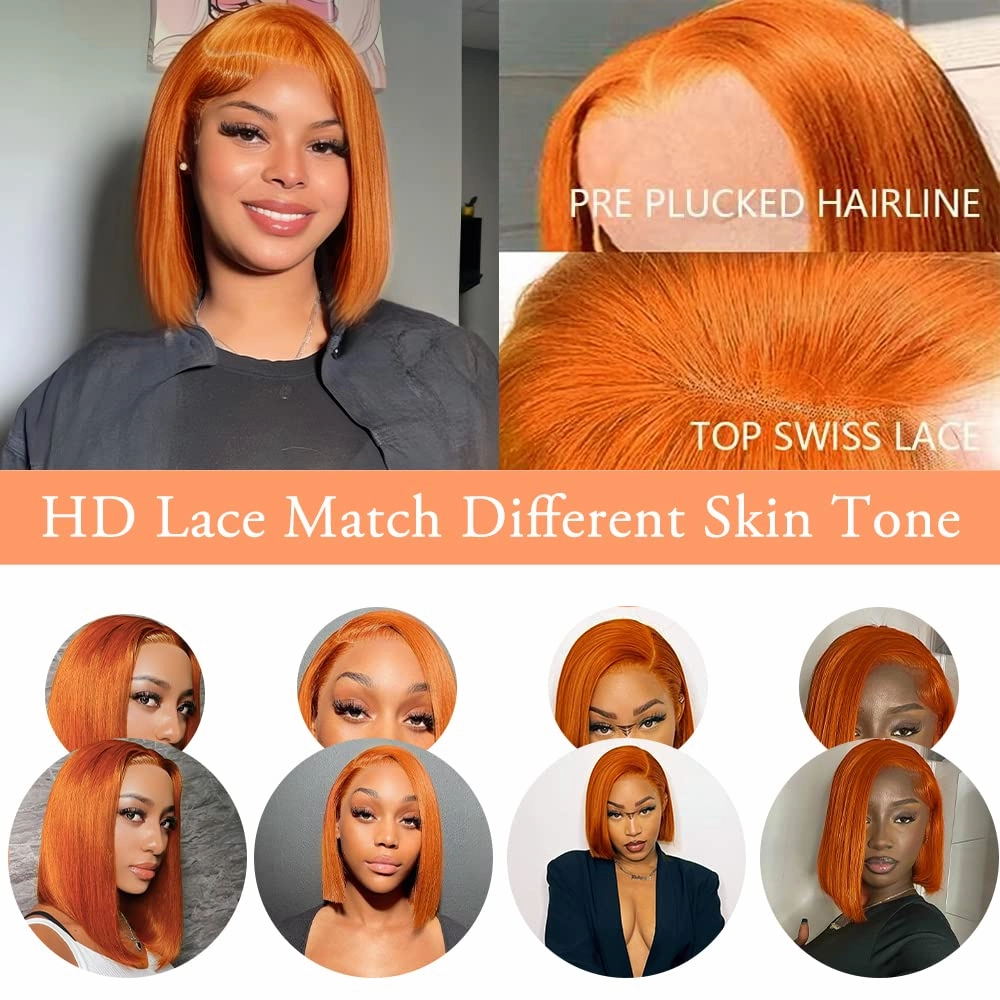 Ginger Bob Lace Front Wigs Human Hair 13x4 HD Lace Front Wigs 150% Density Colored Straight Short Bob Wig Ginger Orange Bob Lace Front Human Hair Wigs Pre Plucked Natural Hairline With Baby Hair14inch