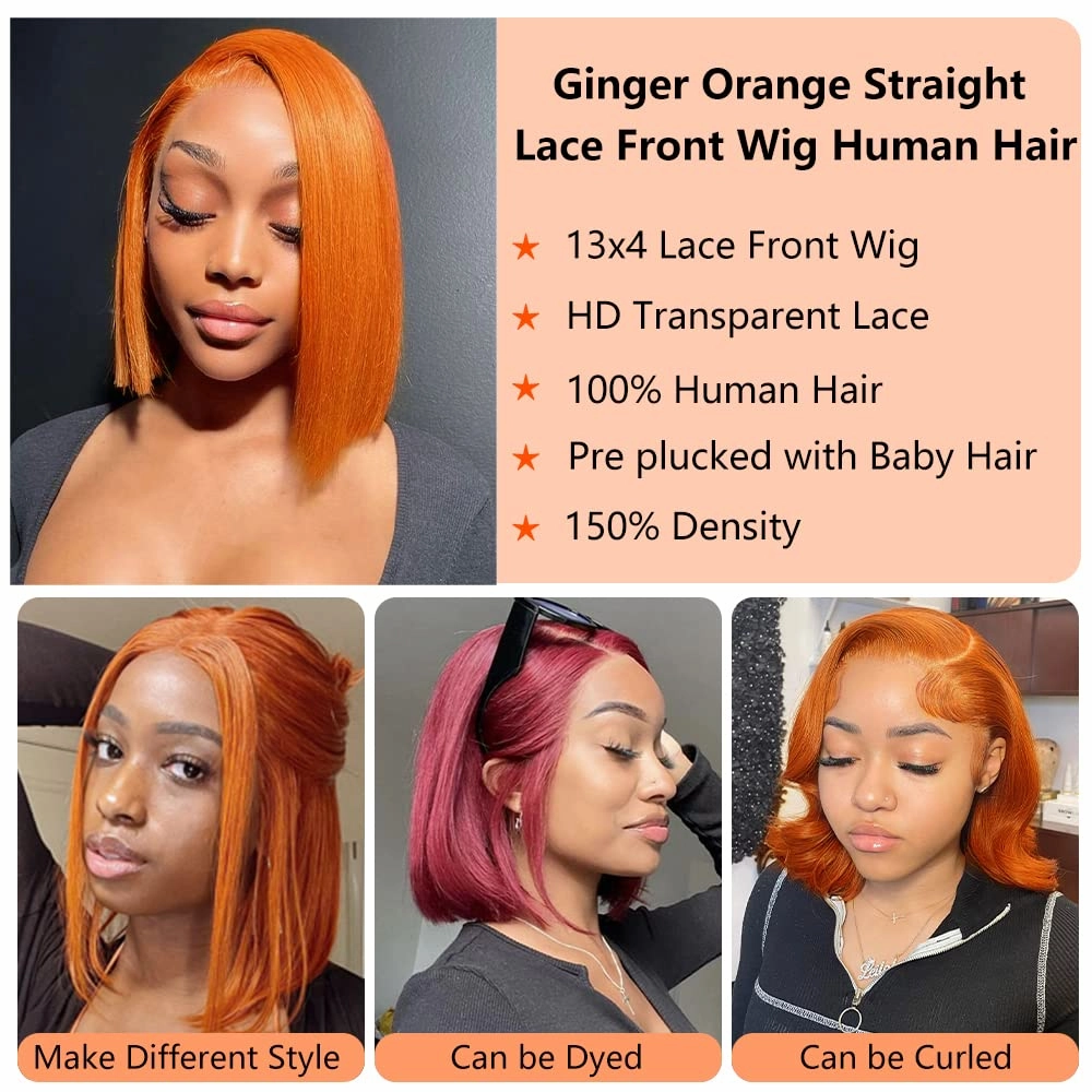 Ginger Bob Lace Front Wigs Human Hair 13x4 HD Lace Front Wigs 150% Density Colored Straight Short Bob Wig Ginger Orange Bob Lace Front Human Hair Wigs Pre Plucked Natural Hairline With Baby Hair14inch