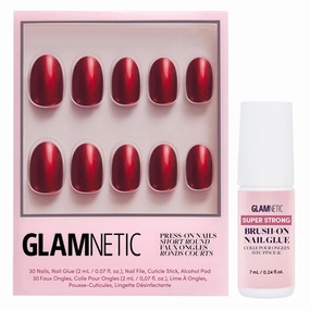 Glamnetic Press On Nails & Brush On Nail Glue Bundle - Cherry Glaze | Short Round Bright Cherry Red Nails with a Glaze Finish | 15 Sizes - 30 Nail Kit with Glue