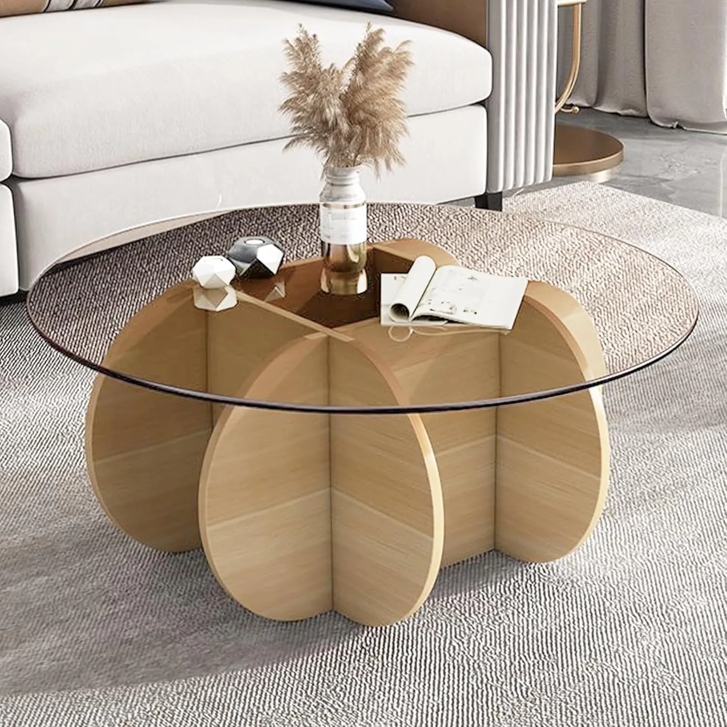 Glass Coffee Tables for Living Room Modern Elegant Round Coffee Table Mid Century Farmhouse Center Table with Solid Wood Frame and Tempered Glass Tabletop, Easy Assembly,31.5''